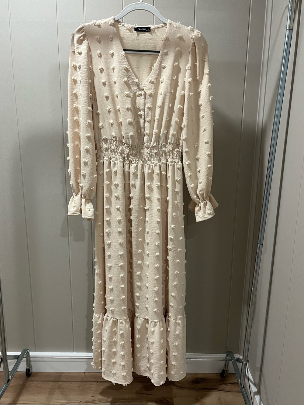 Long Sleeve Cream Textured Dot Dress